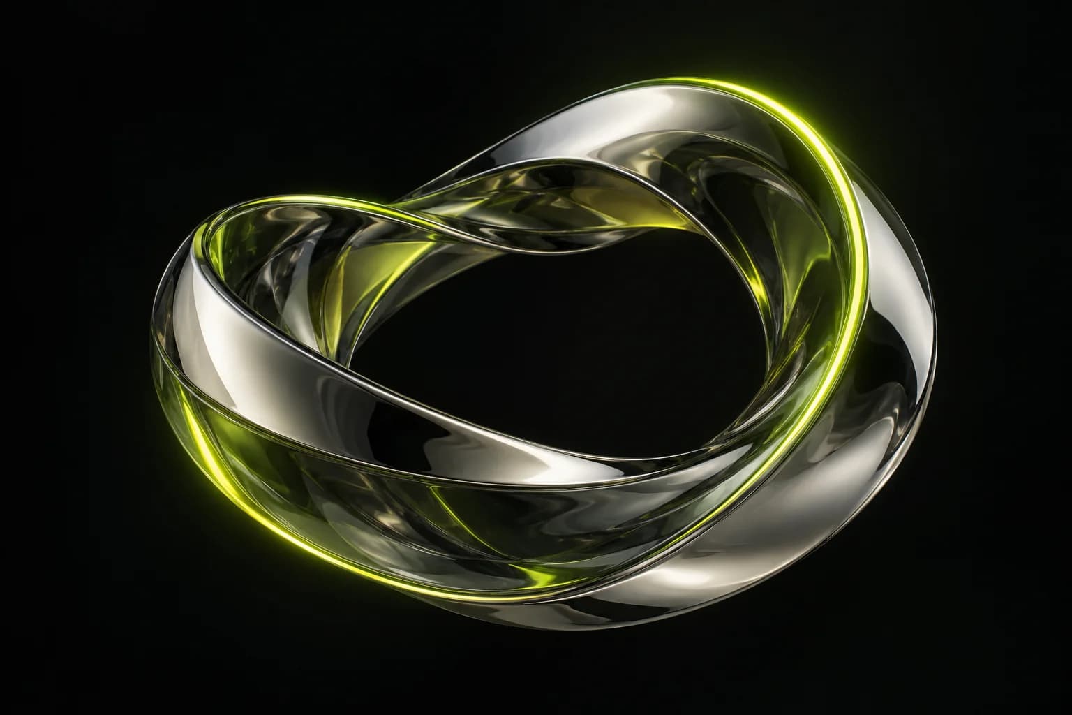 Sculptural chrome orbit illuminated in electric green